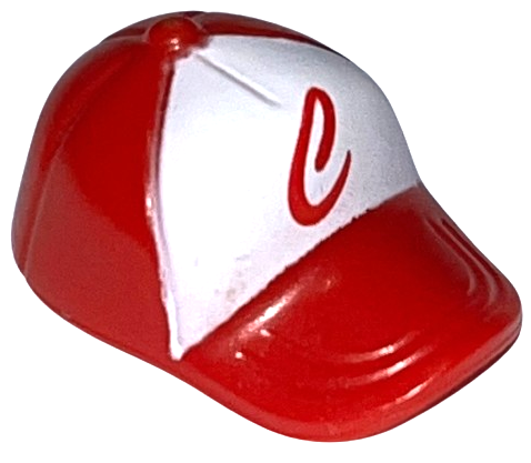 Minifigure, Headgear Cap - Short Curved Bill with Seams and Button on Top with Script Capital Letter C on White Background Pattern