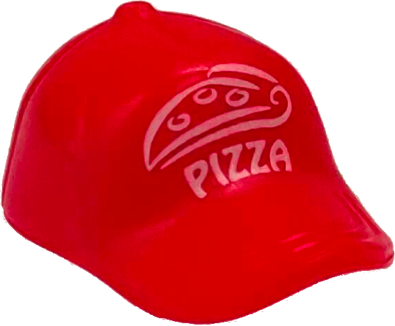 Minifigure, Headgear Cap - Short Curved Bill with Seams and Button on Top with White 'PIZZA' and Pizza Slice Pattern