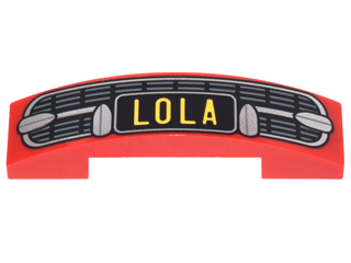 Slope, Curved 4 x 1 x 2/3 Double with Silver Car Grille and Bumper and Yellow 'LOLA' Pattern