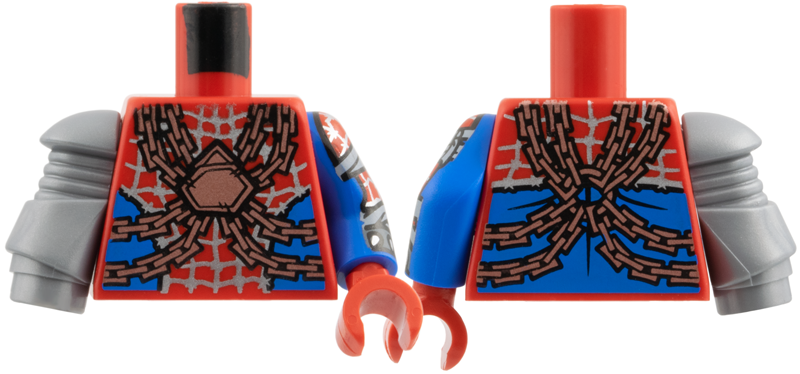 Torso Silver Webbing, Copper Chains, Blue Side Panels Pattern / Blue Arm Left with Red Sleeve, Silver Webbing, Light Bluish Gray Wrappings, Dark Bluish Gray Cuff Pattern and Red Hand / Flat Silver Mech Arm Right