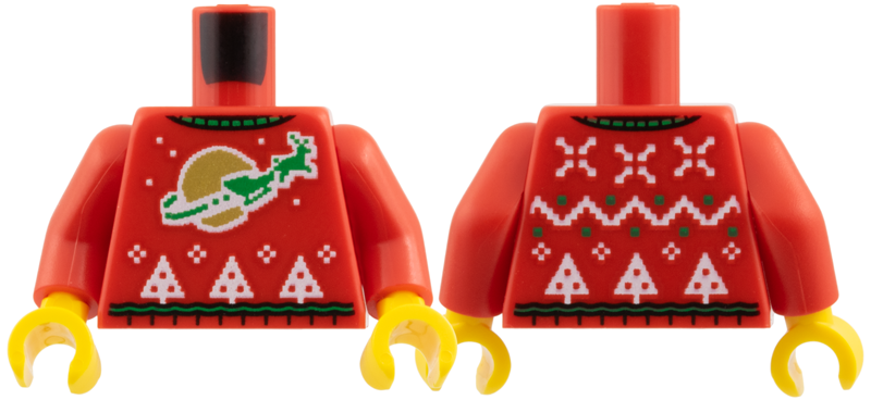 Torso Knit Fair Isle Holiday Sweater, Green Collar and Reindeer Sleigh, Gold Classic Space Moon, White Snowflakes and Christmas Trees Pattern / Red Arms / Yellow Hands