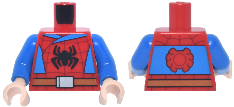Red torso with blue arms and light nougat hands. Features a black spider logo on a webbed background and a brown belt.