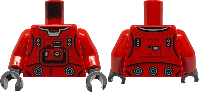 Torso Spacesuit with Black, Silver and Dark Red Markings and 'PHM' Badge Pattern / Red Arms / Pearl Dark Gray Hands in Red