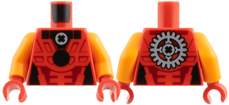 Red torso with orange arms and red hands.