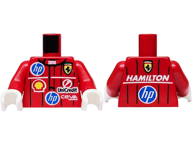 Red torso with various racing sponsor logos on the front and the name Hamilton on the back, with red arms and white hands.