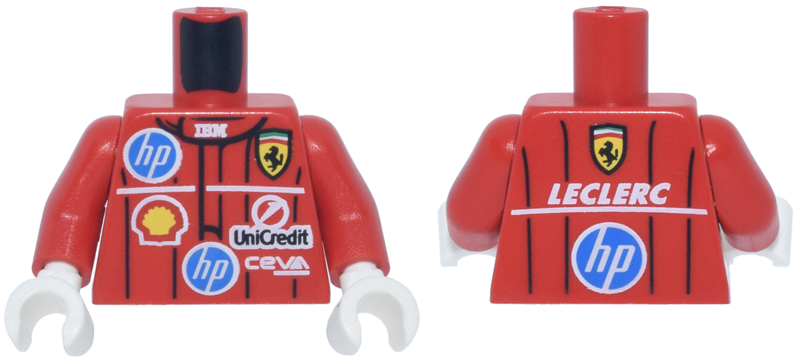 Red torso with multiple racing sponsor logos on the front and the name Leclerc on the back, with red arms and white hands.