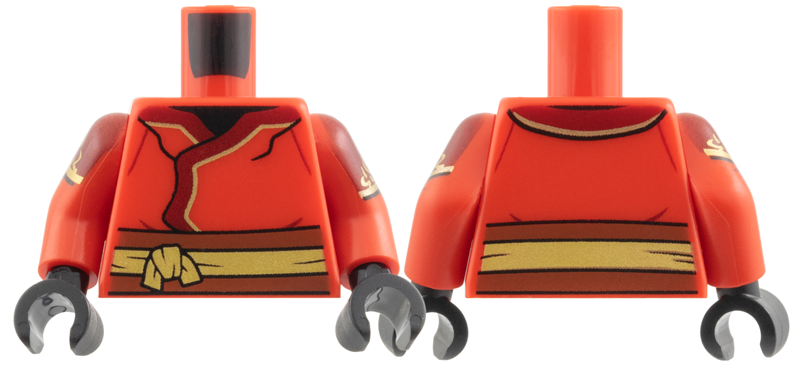 Red torso with red arms and black hands. Features a tunic with a gold sash and gold flame prints on the shoulders.