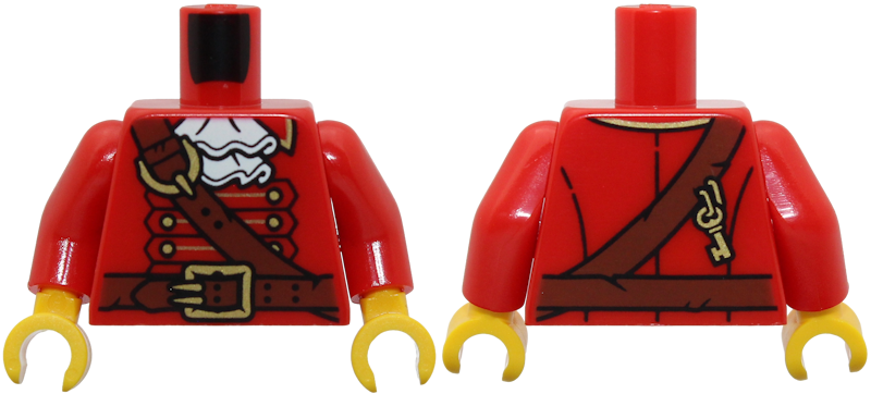Red pirate captain torso with red arms and yellow hands, featuring a white ruffled collar and a brown shoulder belt.
