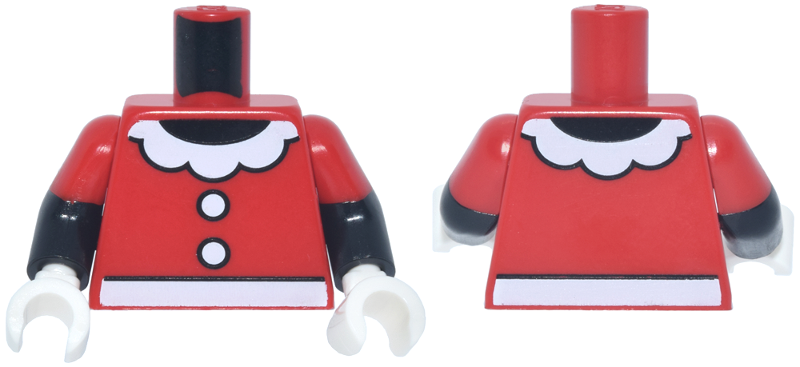 Red torso with black arms, red short sleeves, and white hands. Features a white scalloped collar and white belt.