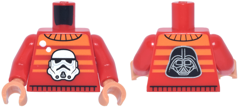 Red torso with red arms and nougat hands. Features orange stripes and a white Stormtrooper helmet on the front.