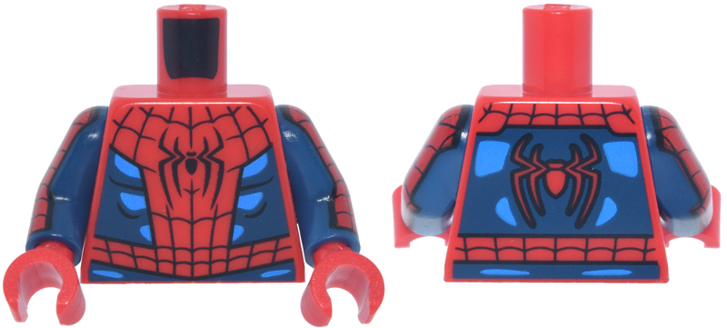 Red torso with dark blue printed arms and red hands. Features the Spider-Man logo and black webbing over red and blue panels.