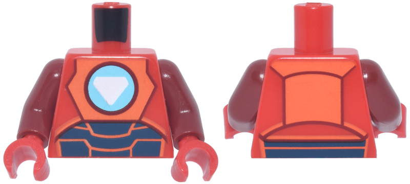 Red torso with reddish orange and dark blue Iron Man armor plating and a white triangle arc reactor, dark red arms, and red hands.