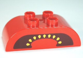 Duplo, Brick 2 x 4 Slope Curved Double with Yellow Seeds on Dark Red Background, Cut Tomato Pattern