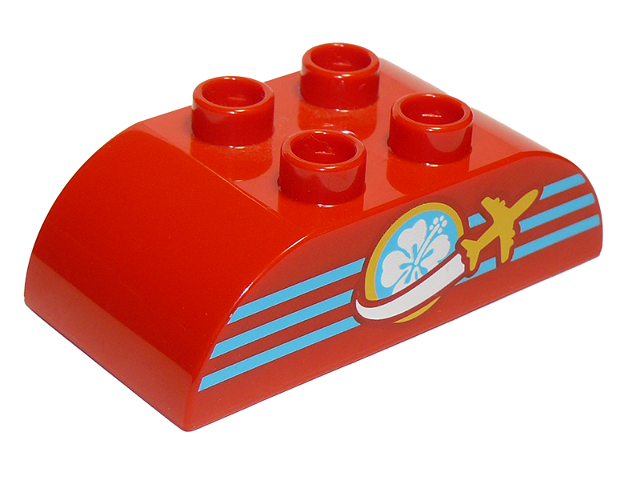 Duplo, Brick 2 x 4 Slope Curved Double with Yellow Airplane, Medium Azure Stripes, and White Flower Pattern