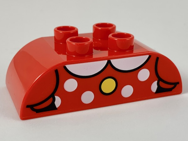 Duplo, Brick 2 x 4 Slope Curved Double with Yellow Button and White Collar and Polka Dots Pattern