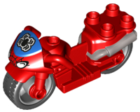 Duplo Motorcycle with Rubber Wheels, Headlights, Spider-Man Logo on Blue Windshield Pattern