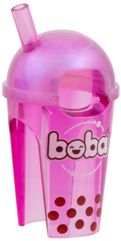 Minifigure, Headgear Head Cover, Costume Drink with Molded Satin Trans-Pink Dome Lid, Printed White 'boba' Logo, Dark Red Spots Pattern