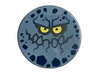 Tile, Round 2 x 2 with Bottom Stud Holder with Rock Creature Face with Jagged Grin, Dark Blue Spots and Yellow Eyes Pattern