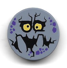 Tile, Round 2 x 2 with Bottom Stud Holder with Purple Rock Spots, Yellow Eyes with Pupils, Black Mouth, Big Teeth (Bouldron) Pattern