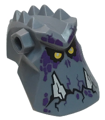 Minifigure, Head, Modified Alien with Spikes on Top and Holes on Sides with 2 White Jagged Teeth, Yellow Eyes and Dark Purple Spots Pattern (Grimroc)