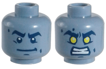 Minifigure, Head Dual Sided Alien Dark Blue Thick Eyebrows, Crooked Smile, White Pupils / Yellow Eyes, Bared Teeth Angry Pattern