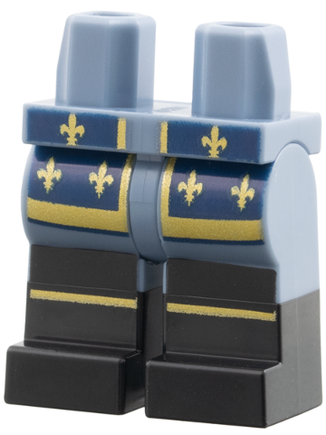 Sand blue minifigure legs with dual-molded black lower legs, printed with dark blue coattails and gold trim.