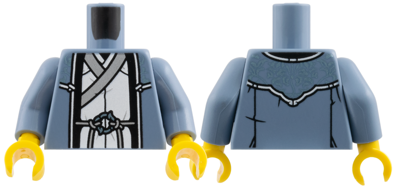 Sand blue robe torso with silver trim over a white tunic, sand blue arms, and yellow hands.