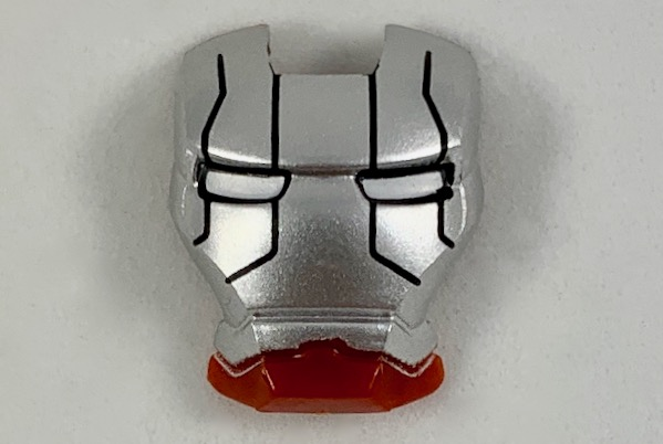 Minifigure, Visor Top Hinge with Silver Face Shield, White Eyes, Black Lines on Forehead and Cheeks Pattern (Iron Man Mark 5)