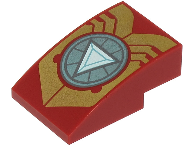 Slope, Curved 3 x 2 with Gold Iron Man Armor Plates and Metallic Light Blue Circle Arc Reactor with White Triangle Pattern