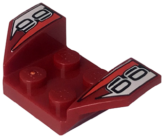 Vehicle, Mudguard 2 x 4 with Flared Wings with Red Triangles and Stylized Black '66' on White Pattern