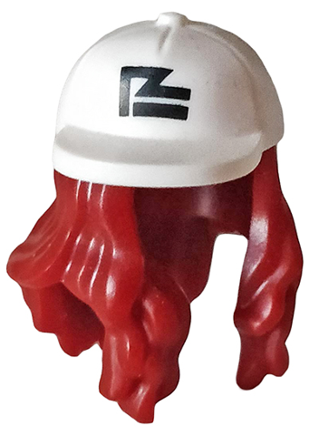 Minifigure, Hair Combo, Hair with Hat, Long Hair with White Crooked Ball Cap with Black Logo Pattern