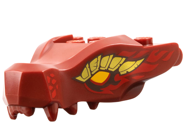 Dragon Head (Ninjago) Jaw with 2 Bar Handles on Back with Bright Light Orange Eyes, Gold Scales, and Black and Red Flames Pattern