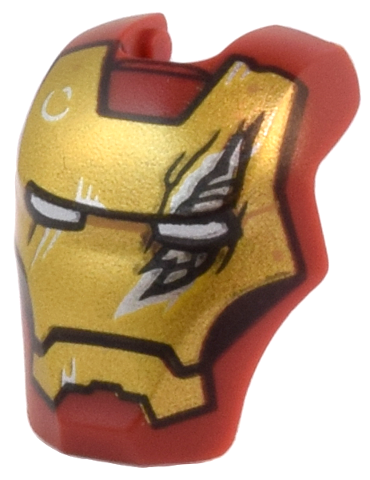 Minifigure, Visor Top Hinge Large with Gold Face Shield, White Eyes, Black Trim on Cheeks, Silver Damage Pattern (Iron Man Mark 6)