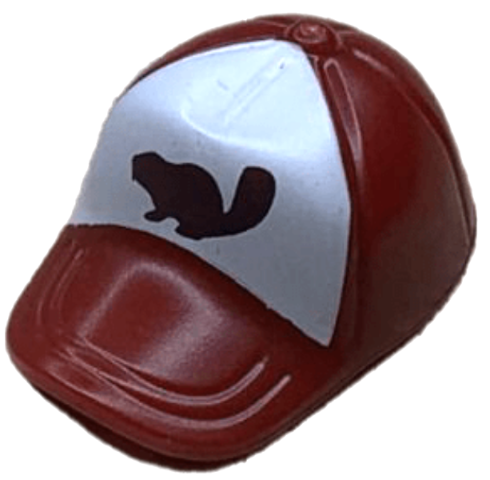 Minifigure, Headgear Cap - Short Curved Bill with Seams and Button on Top with Dark Brown Beaver Silhouette on White Background Pattern