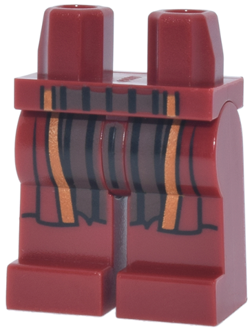 Dark red legs with a dark brown skirt pattern, black pleats, and coat ends with dark orange trim.