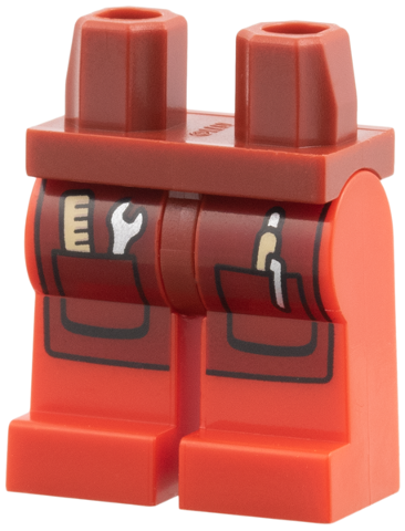 Dark red hips and red legs with a dark red apron print including a ruler and wrench.