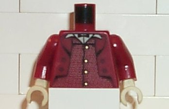 Torso Suit Jacket over Vest with Gold Buttons, Tan Shirt, Black Bow Tie Pattern / Dark Red Arms / Tan Hands