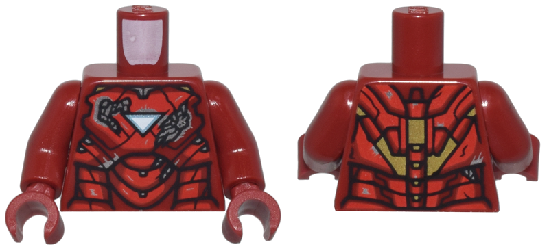 Torso Armor with Metallic Light Blue and White Triangle Arc Reactor, Red Panels Damaged, Gold Trim on Back Pattern (Iron Man Mark 6) / Dark Red Arms / Dark Red Hands