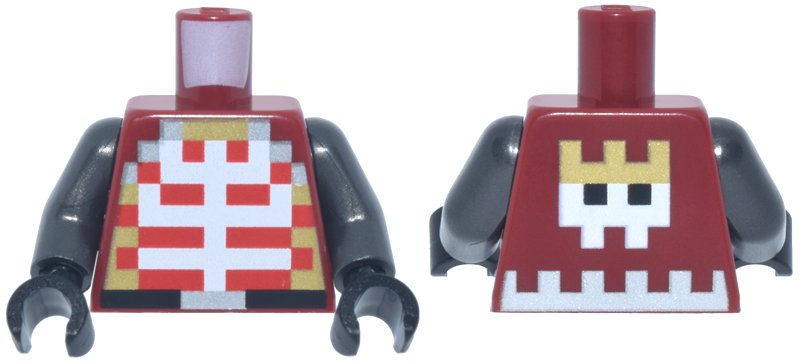 Dark red torso with pixelated white and red armor, pearl dark gray arms, and black hands.