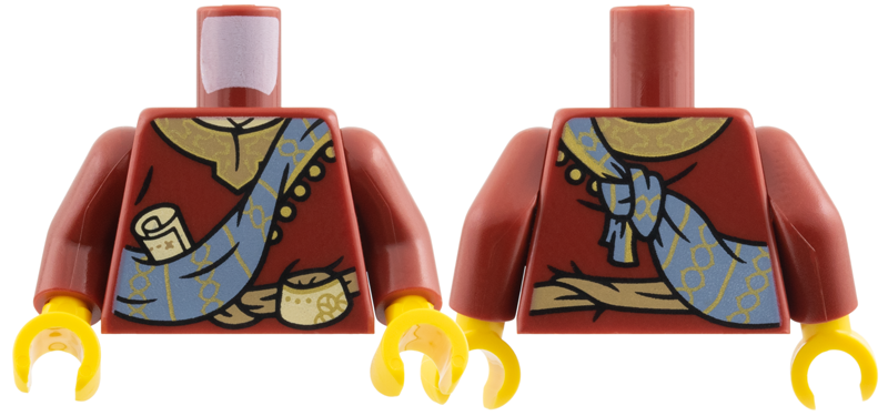 Dark red torso with a sand green sash and gold collar trim, dark red arms, and yellow hands.