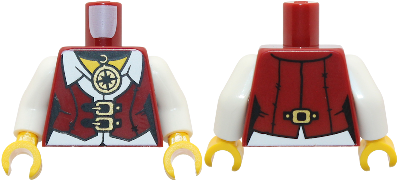 Dark red pirate vest torso with white arms and yellow hands, featuring a compass necklace and gold buckles.