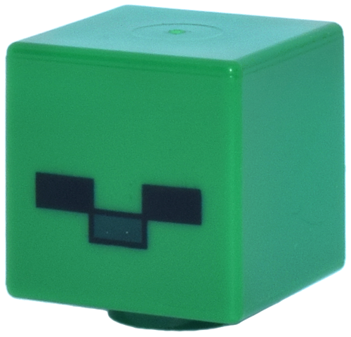 Minifigure, Head, Modified Cube with Pixelated Black Eyes and Dark Green Nose Pattern (Minecraft Zombie)