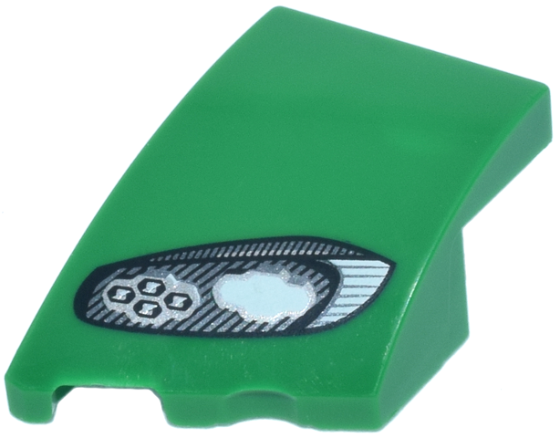 Wedge 3 x 2 Left No Studs with Aston Martin Car Headlight, Black Outline, White and Silver Stripes and 2 Bulbs Pattern