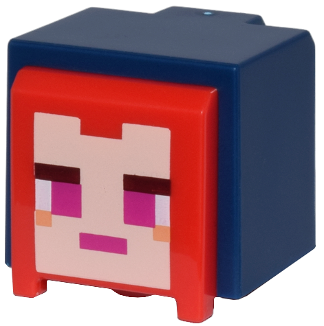 Minifigure, Head, Modified Cube, Hood with Molded Red Hair and Printed Pixelated Light Nougat Face and Magenta Eyes and Mouth Pattern (Minecraft Ranger Hero)
