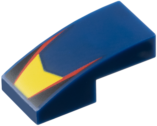 Slope, Curved 2 x 1 x 2/3 with Yellow V-Shaped Center Panel, Red Stripes, Black Triangles Pattern