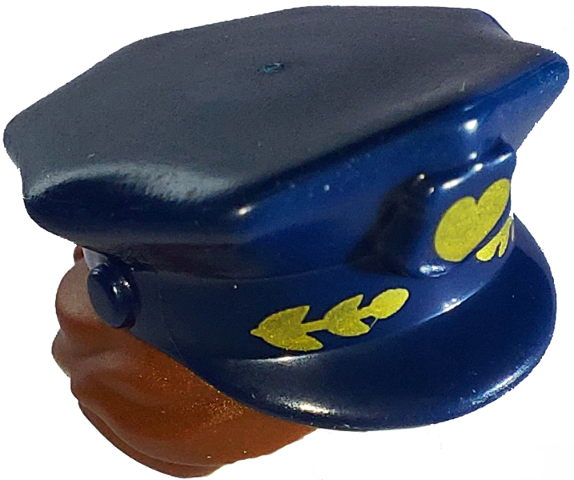 Minifigure, Hair Combo, Hat with Hair, Police with Dark Blue Top with Captain Gold Heart Decoration and Reddish Brown Hair Pulled into Bun Pattern