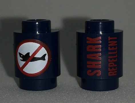Brick, Round 1 x 1 with 'SHARK REPELLENT' and No Sharks Sign Pattern