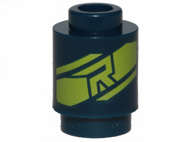 Brick, Round 1 x 1 with Lime Stylized Capital Letter R and Stripes Pattern