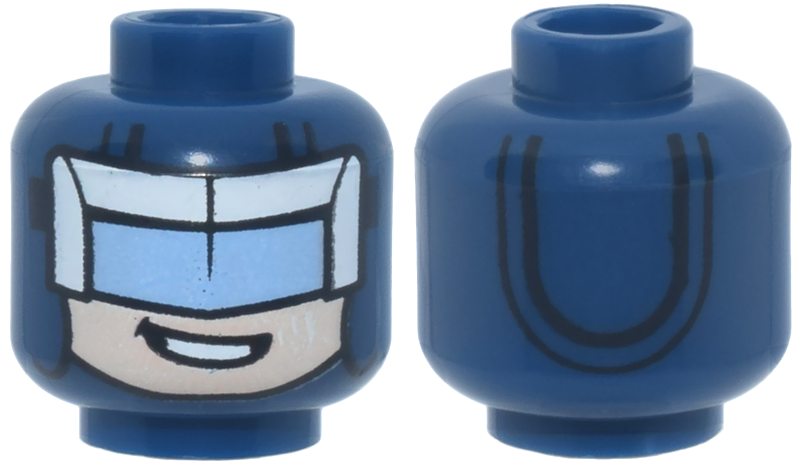 Dark blue head with a balaclava and a blue and white visor over a light nougat face with an open mouth smile.