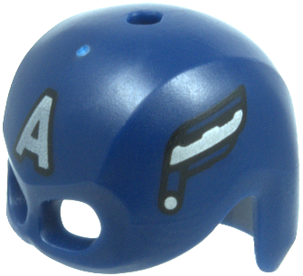 Minifigure, Headgear Helmet Mask, Hole on Top with Silver and Black Letter A and Wings on Sides Pattern (Captain America) in Dark Blue